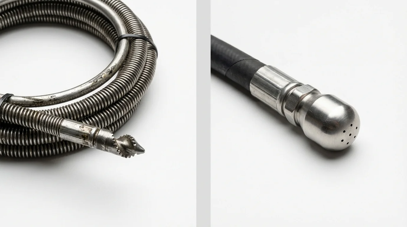 Drain snake cable and hydro jetting nozzle used for drain cleaning in Dallas, TX