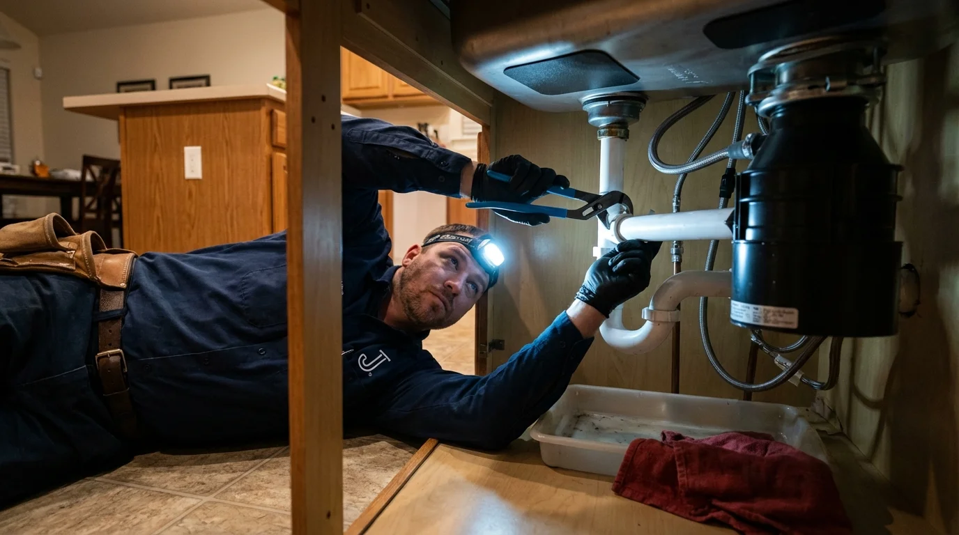 P-trap and supply line connections under a kitchen sink showing a common leak point in Dallas, TX